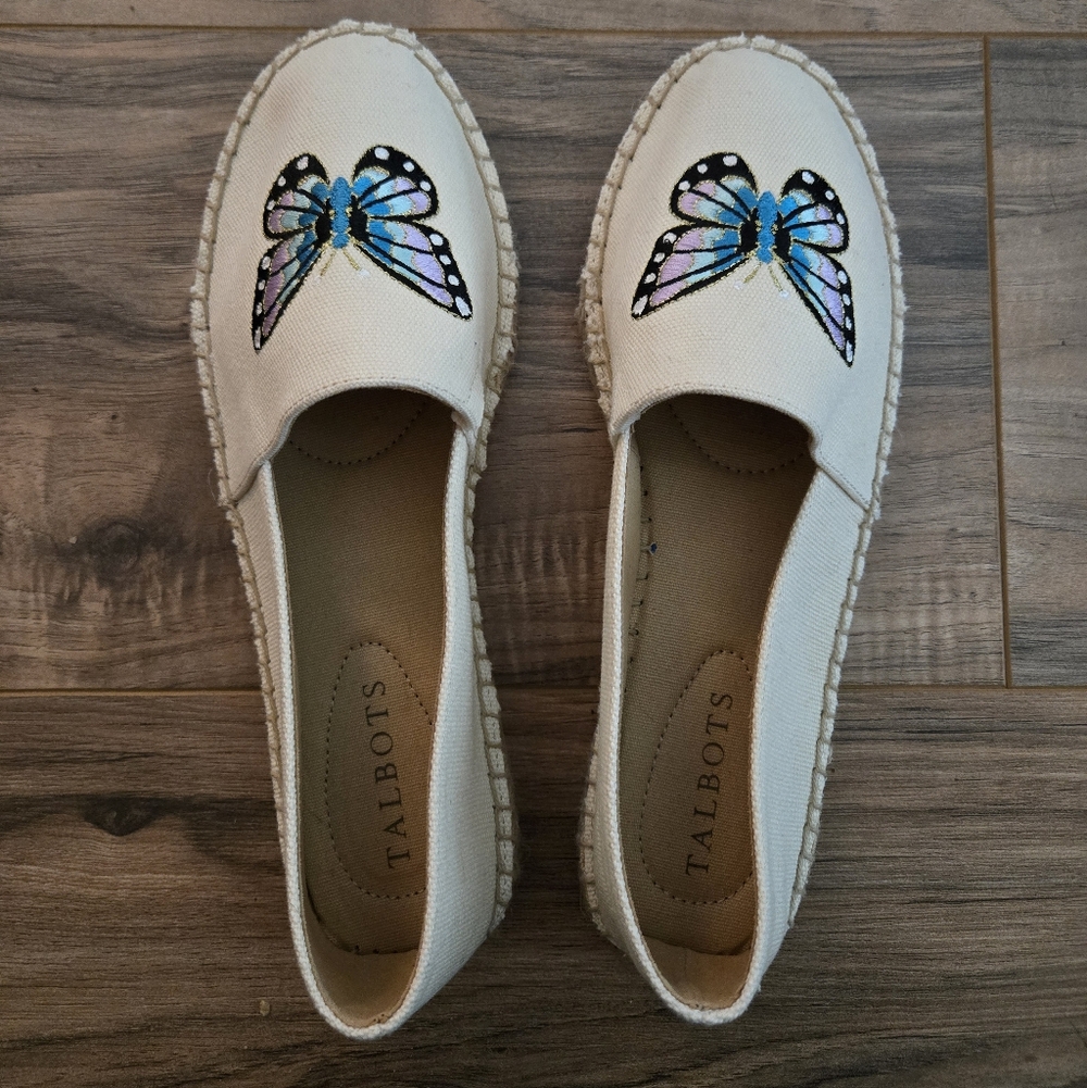 Talbots Women's Cream Espadrille Flats with Butterfly Embroidery